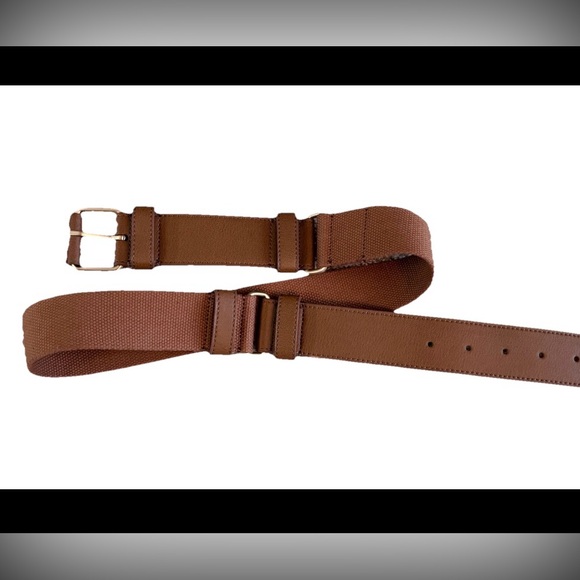 Talbots Brown Leather & Cotton 1.5” Wide Belt Gold Hardware NWT Medium - Picture 2 of 12